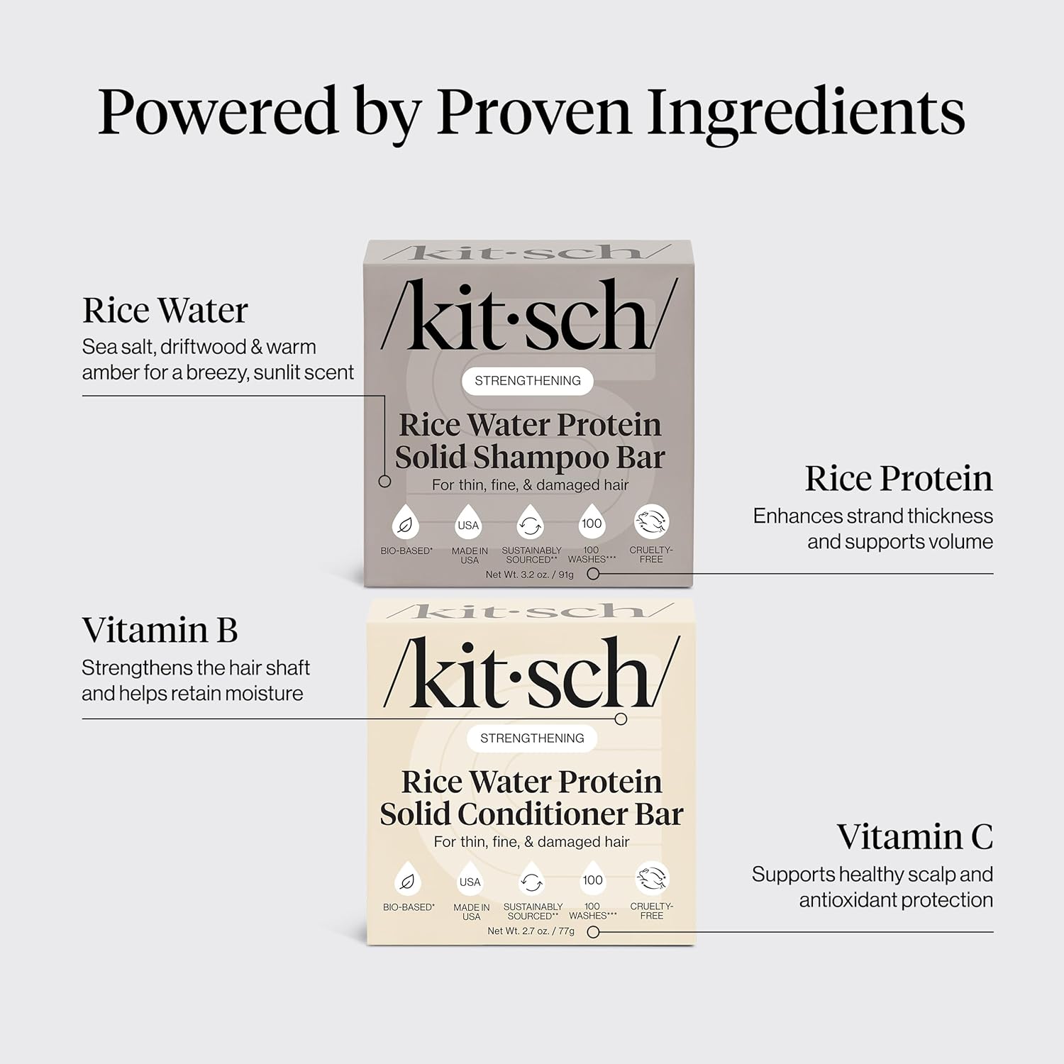 Kitsch Rice Water Protein Solid Shampoo and Conditioner Set for Hair Growth – Strengthening Hair Care Duo w/Rice Protein & Vitamins for Damage Repair – Paraben, Sulfate & Silicone Free, Made in USA