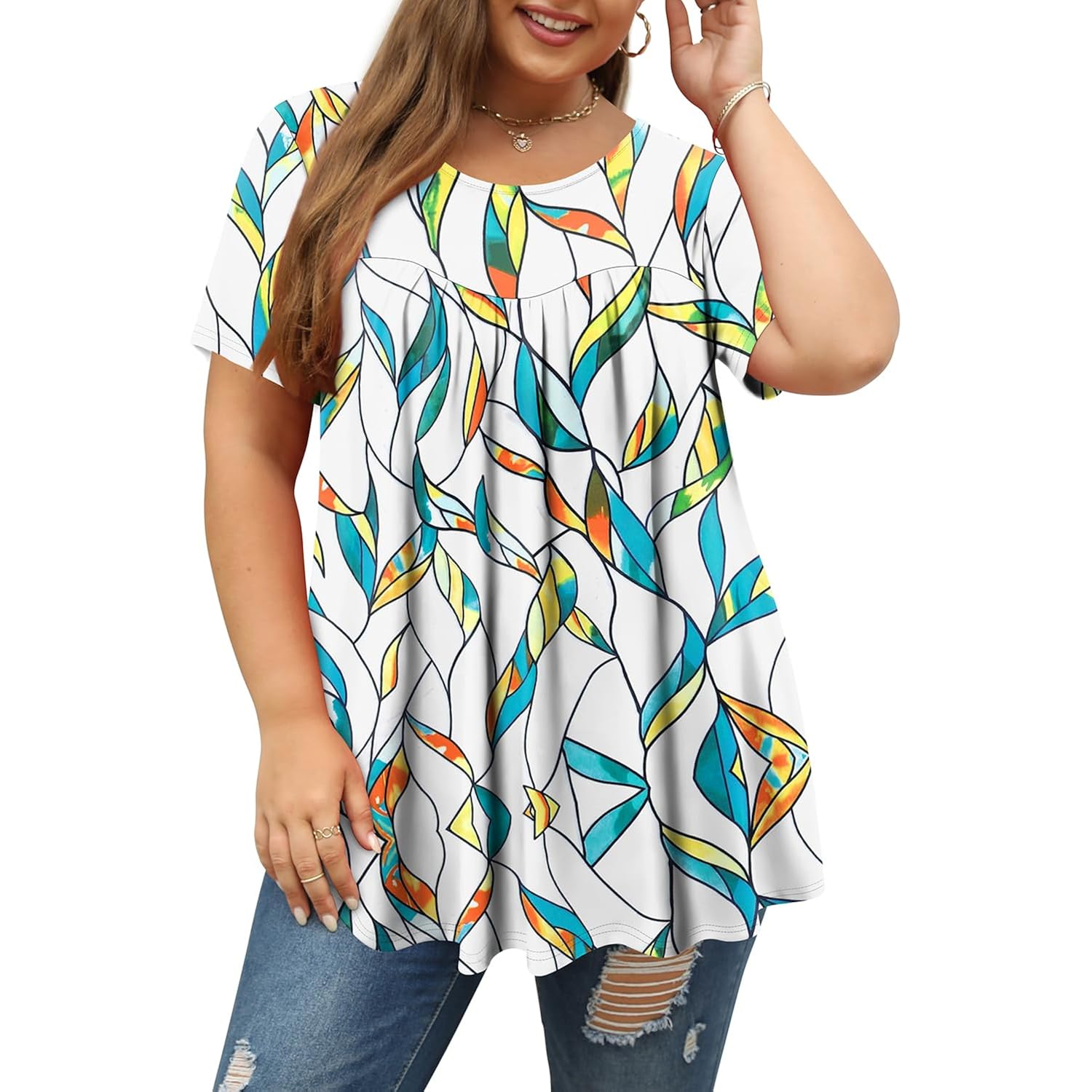 Plus Size Tops For Women Casual Summer Crew Neck Tunics Short Sleeve Loose Shirts Blouses 1X-5X