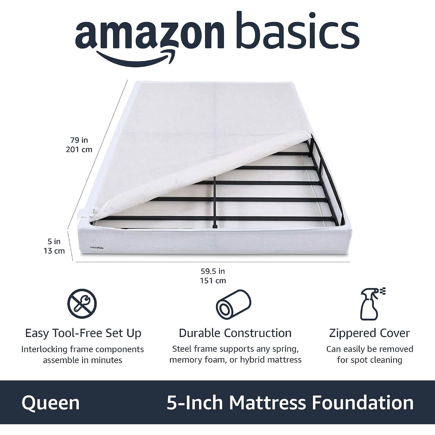 Amazon Basics Smart Box Spring Bed Base, 5-Inch Low Profile Height Mattress Foundation, Sturdy Durable Steel Support, Tool-Free Easy Assembly, Queen, 79" X 59.5" X 5", White