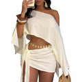 Jyaovo Women'S 2 Piece Outfits Batwing Off Shoulder Irregular Crop Top And Mini Skirt Set Sexy Matching Sets