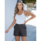 Cargo Shorts for Women Casual Summer High Waisted Chino Shorts Ribbed Elastic Waist Utility Pockets Comfy Shorts