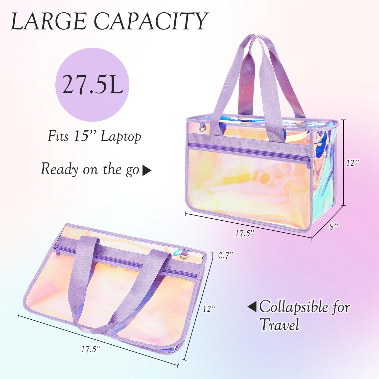 Fammart Iridescent Clear Beach Bags Waterproof Sandproof For Women, Large Jelly Tote Zipper Pool Bag Cruise Essentials 2026