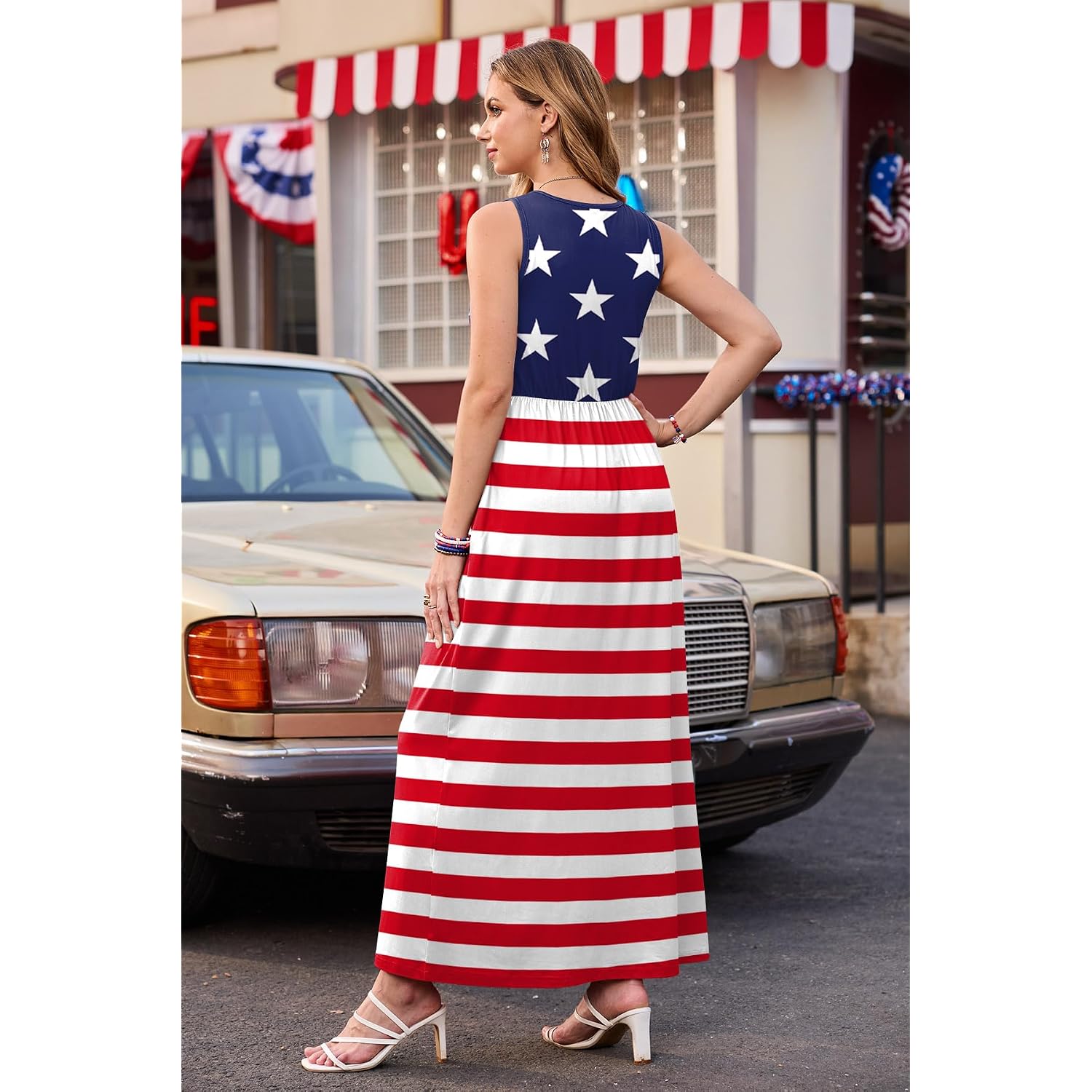 For G And Pl Womens 4Th Of July Maxi Dress American Flag Sleeveless Long Dress With Pockets