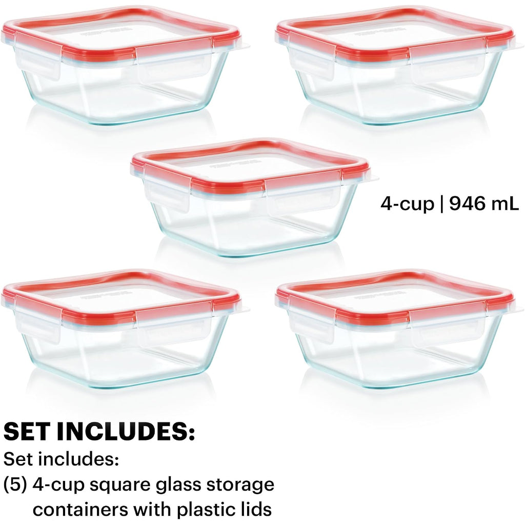 Pyrex Freshlock (5-Pack, 4 Cup) Glass Food Storage Containers Set, Airtight & Leakproof Plastic Locking Lids Bpa-Free, Meal Prep Containers Set, Freezer Dishwasher Microwave Safe