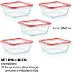 Pyrex Freshlock (5-Pack, 4 Cup) Glass Food Storage Containers Set, Airtight & Leakproof Plastic Locking Lids Bpa-Free, Meal Prep Containers Set, Freezer Dishwasher Microwave Safe