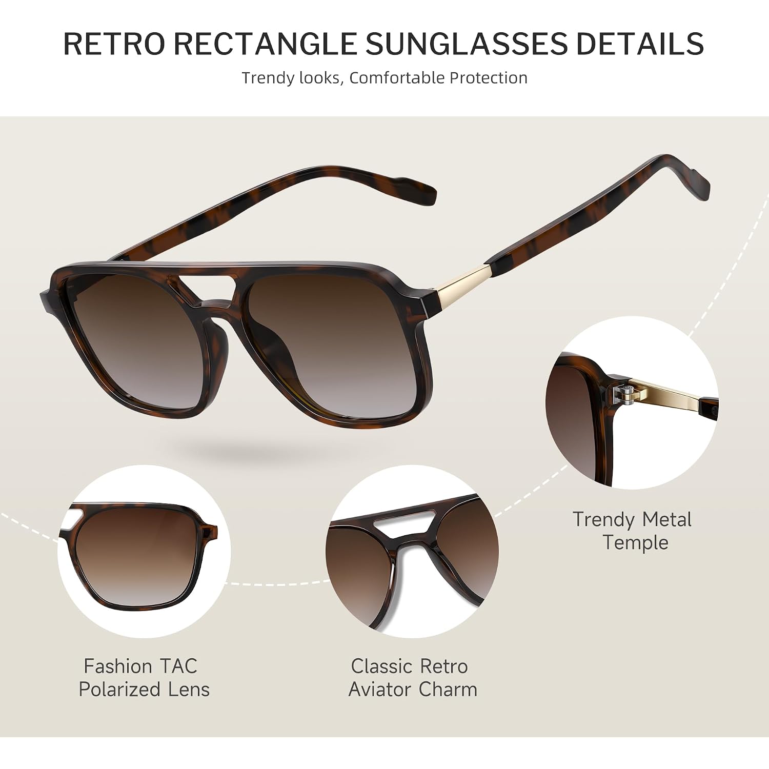 Retro Aviator Sunglasses for Women Men:Polarized Trendy Vintage 70s Rectangle Womens Shades Sun Glasses UV Protection 11a-3pc-leopard Brown Frame/Gradient Grey Lens/Grey Lens