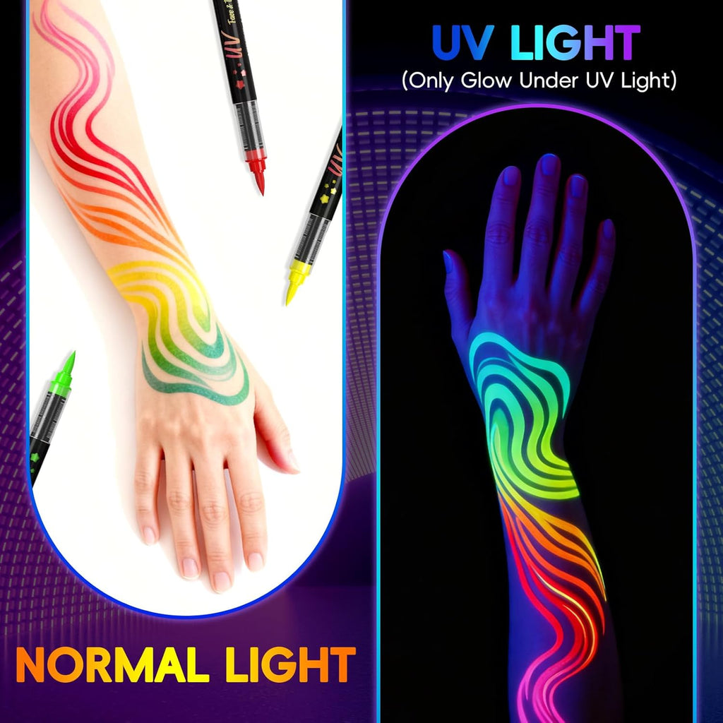 10-color glow-in-the-dark body painting, UV neon face paint brush, glow-in-the-dark face paint set, washable skin tattoo pen, Halloween party makeup (10 colors)