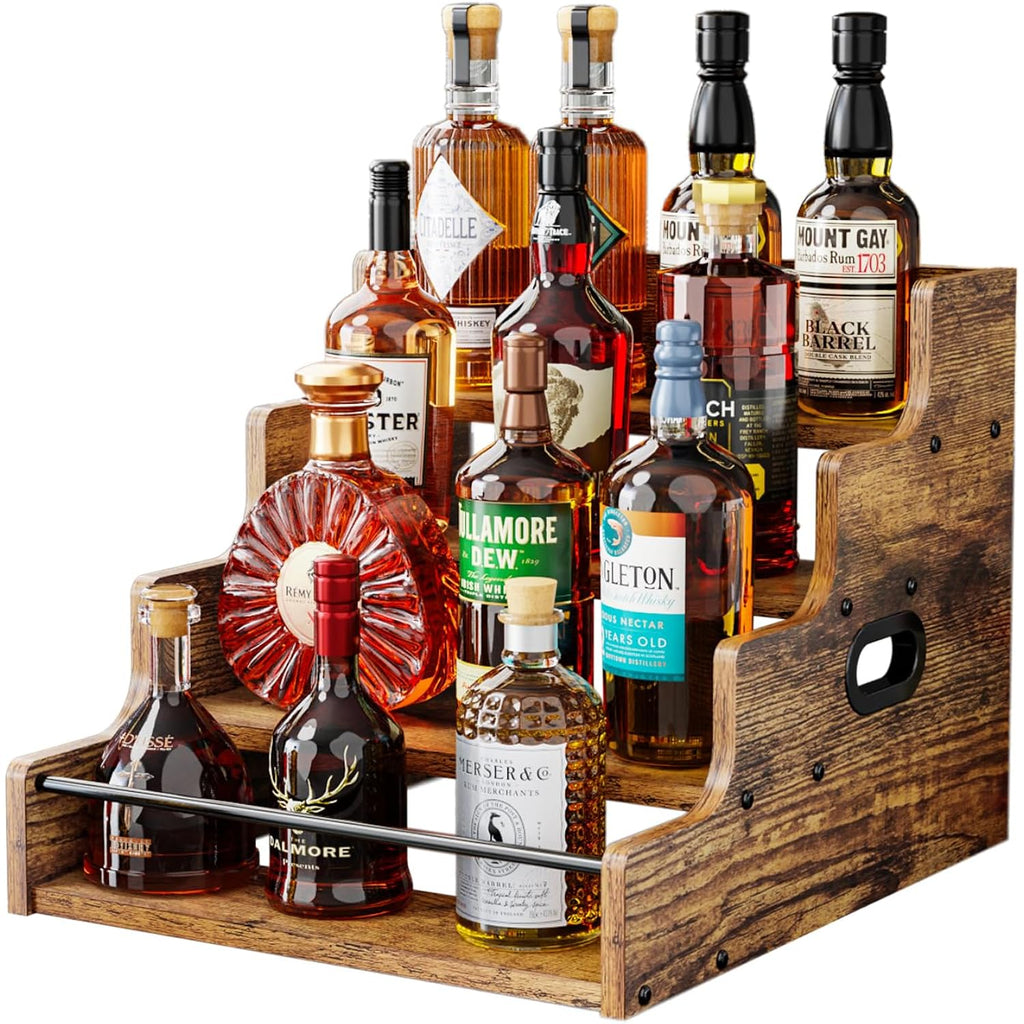 Klm Liquor Bottle Display Shelf, Coffee Syrup Rack Organizer, 4 Step Countertop Liquor Wine Rack, Mini Bar,Liquor Cabinet, Home Retro Bar Shelf Stand For Liquor Whiskey, (Brown)