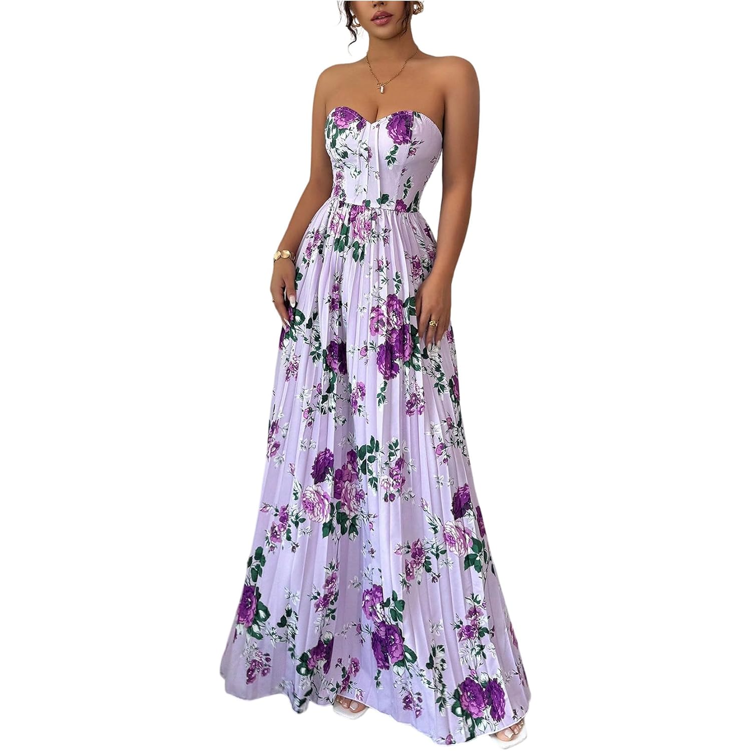 Oyoangle Women'S Summer Floral Wedding Guest Dress Jacquard Tube Sleeveless Pleated A Line Cocktail Party Prom Dress