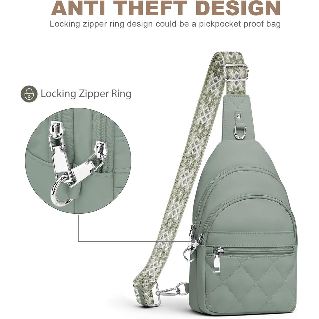 SYTRAH Sling Bag for Women, Anti-Theft RFID Crossbody Bag Nylon Sling Purse for Travel, Puffy Small backpack for Daily Hiking Sports Green