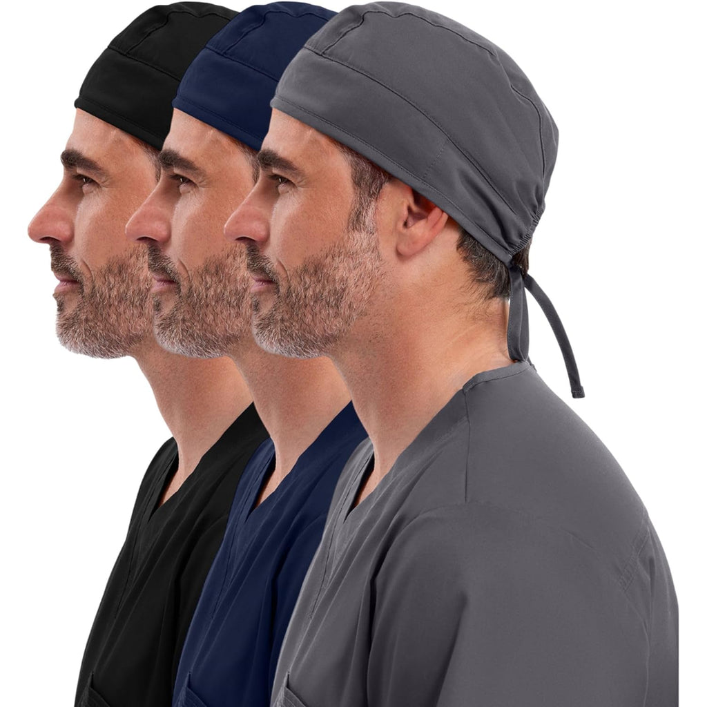 Cherokee Men and Women Scrub Cap with Adjustable Elastic Tie-Back Lightweight, Breathable No-Slip Unisex Surgical Cap - 2506 Black / Navy / Pewter - 3 Pack