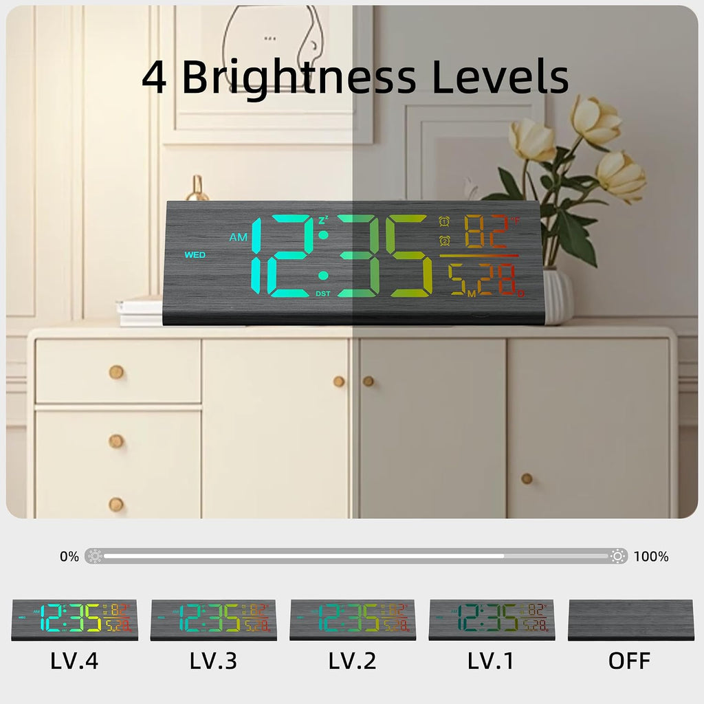 Solid Wood Digital Alarm Clock For Bedroom - 8.8 Inch Large Display, Multicolor Backlight Time Display, Dual Alarms, Date/Temp/Day, Dst, Snooze, Black