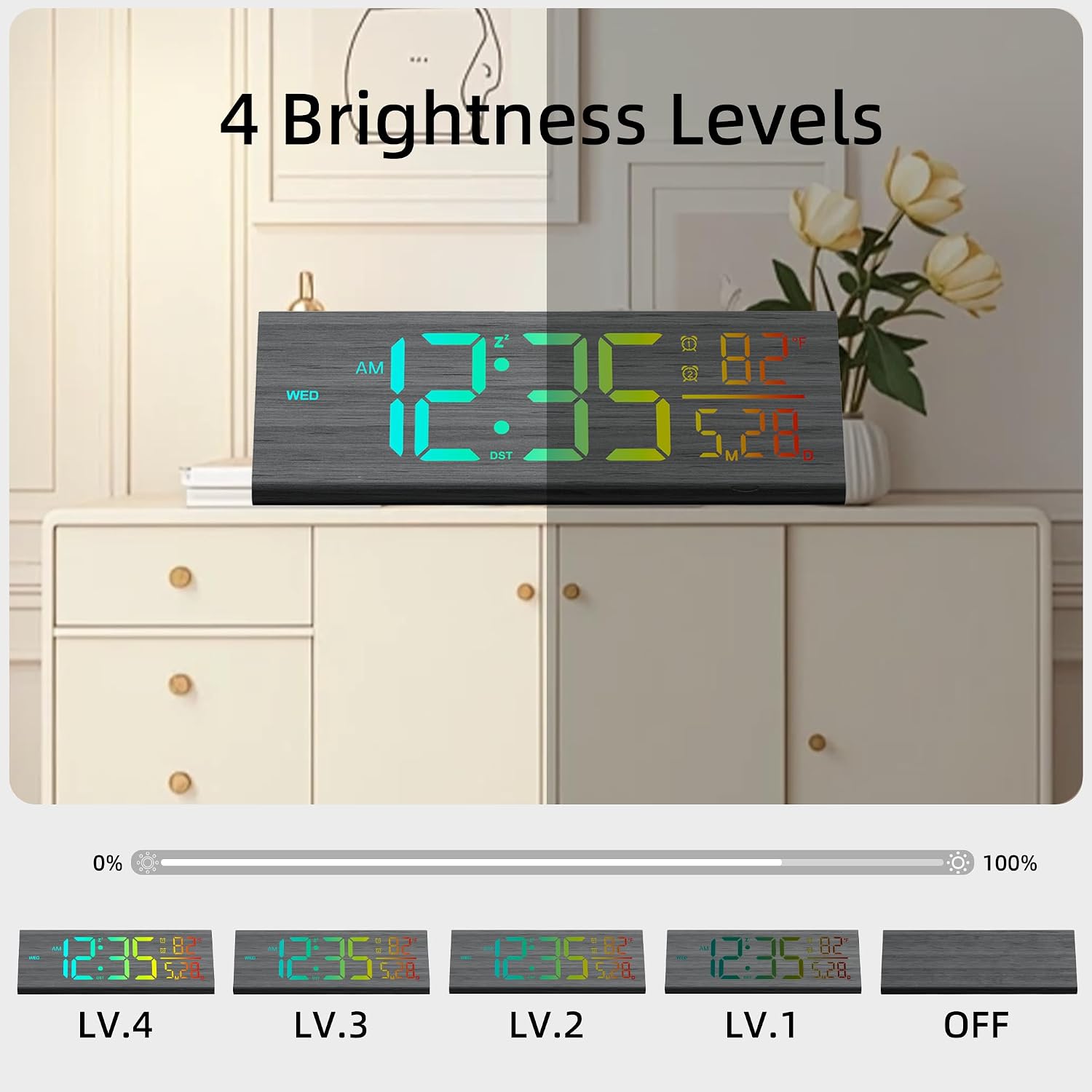 Solid Wood Digital Alarm Clock For Bedroom - 8.8 Inch Large Display, Multicolor Backlight Time Display, Dual Alarms, Date/Temp/Day, Dst, Snooze, Black