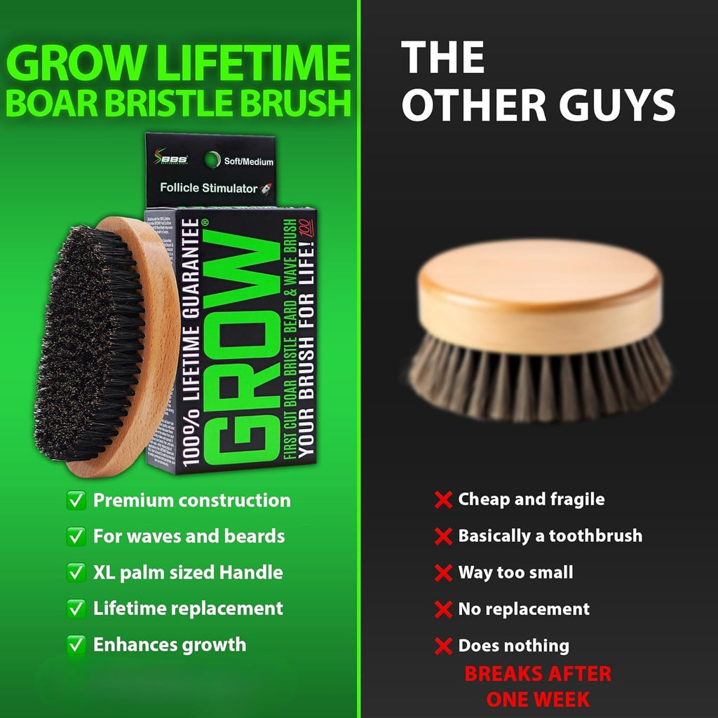 GROW Beard Brush & 360 Wave Brush for Men - Natural Boar Bristle For Fuller, Thicker Hair, Beard & Mustache - Premium Full-Size to Exfoliate, Strengthen Hair, Stimulate & Boost Growth