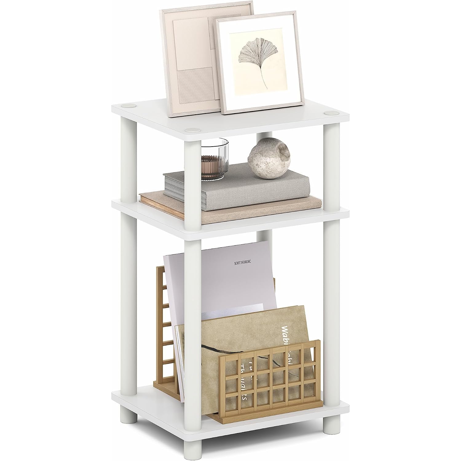 Furinno Turn-N-Tube Side Table, 3-Tier End Table With Open Shelf, Toolless Assembly Night Stand, Bedside Table, For Living Room, Bedroom, White
