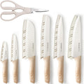 Astercook Knife Set, 13 Pieces Kitchen Knives Set With Ceramic Coating, Stainless Steel Chef Knife Sets With 6 Blade Guards, Dishwasher Safe Knives With Wood Grain Handle, Elegant White