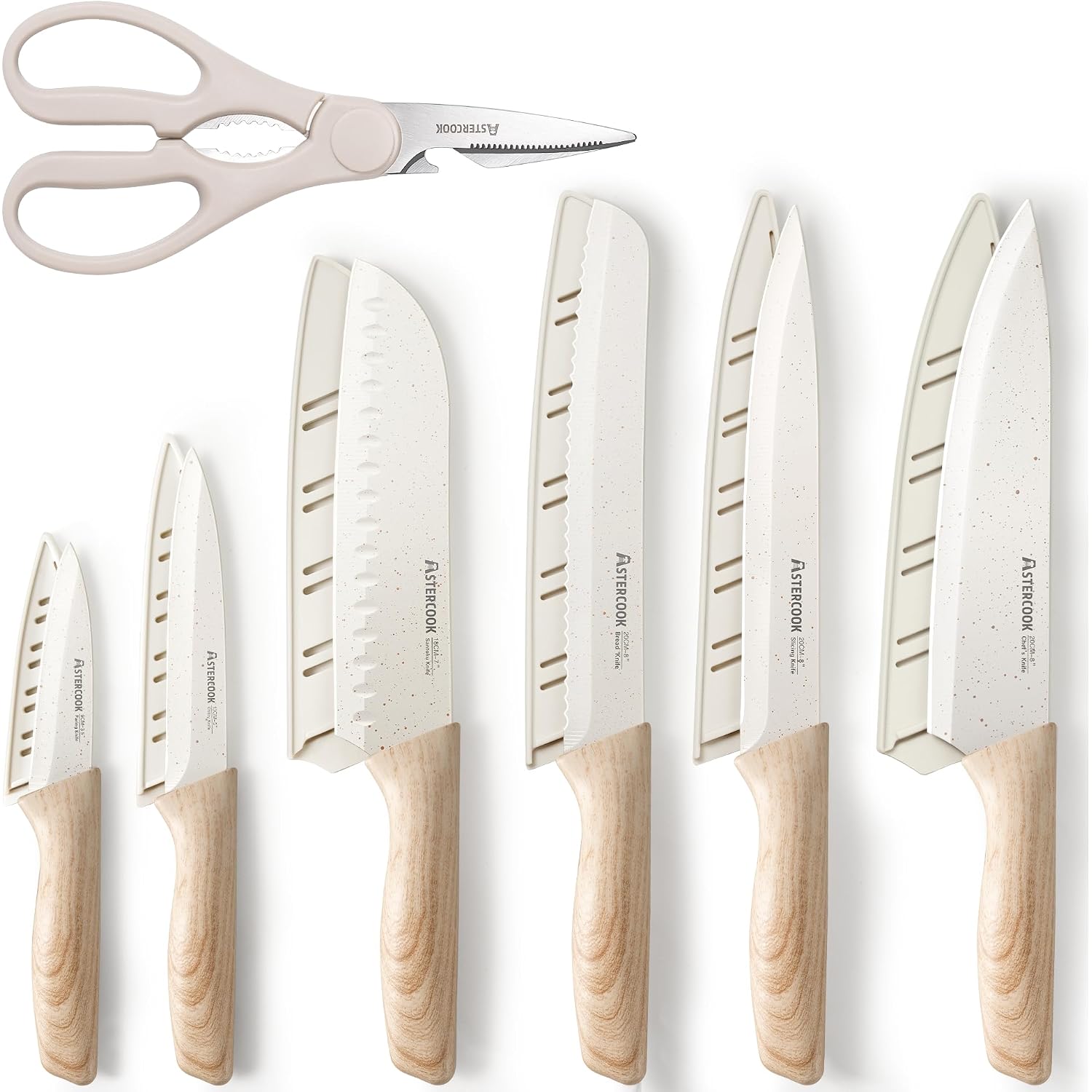 Astercook Knife Set, 13 Pieces Kitchen Knives Set With Ceramic Coating, Stainless Steel Chef Knife Sets With 6 Blade Guards, Dishwasher Safe Knives With Wood Grain Handle, Elegant White