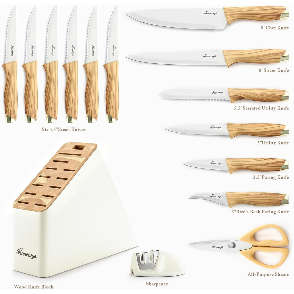 Knife Block Set, Hancorys Kitchen Knife Set With Sharpener, German Stainless Steel Gold Knives Set With Block And Ergonomic Wood Grain Handle, Ultra Sharp Cooking Knives