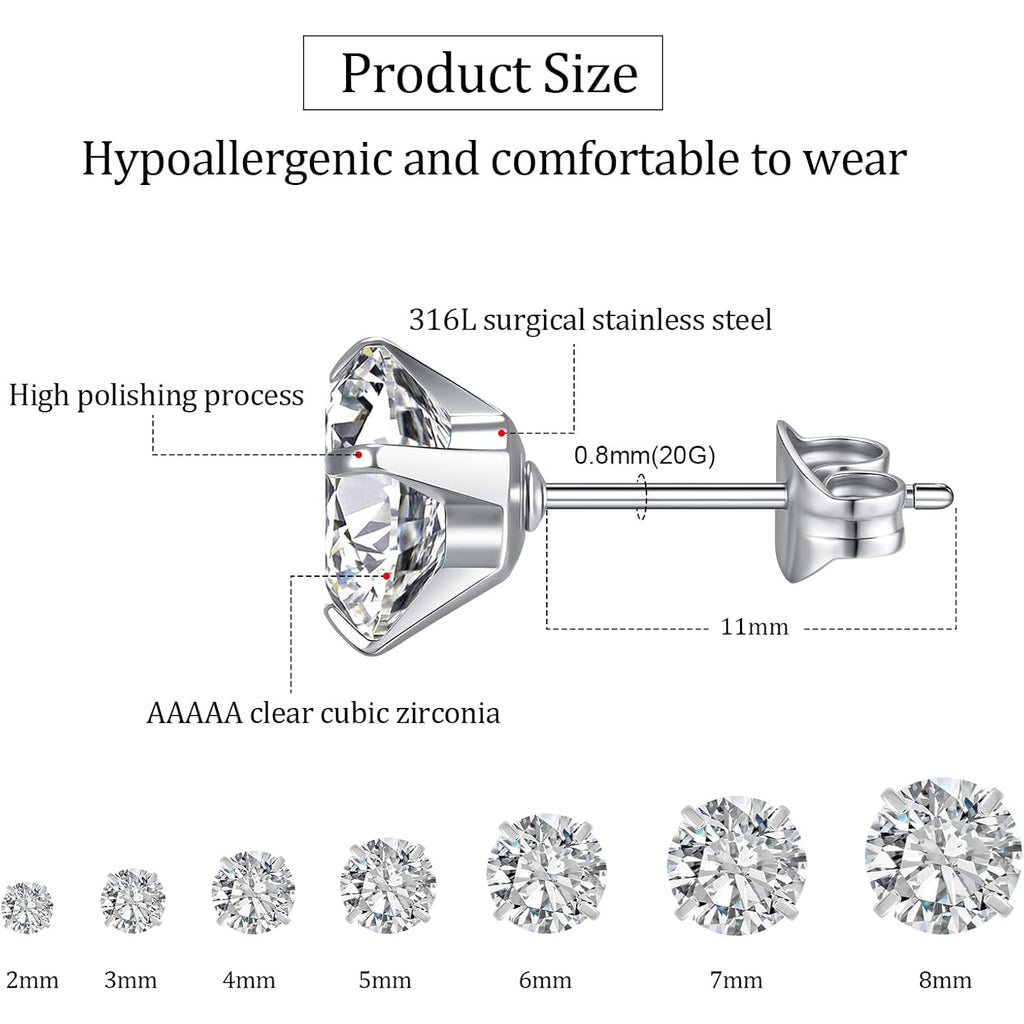 7 Pairs Silver Cubic Zirconia Stud Earrings for Women Trendy Stud Earrings Set Hypoallergenic Stud Earrings 20G CZ Studs Earrings for Women Jewelry Stud Earring