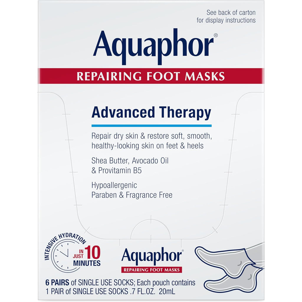 Aquaphor Repairing Foot Masks, Moisturizing Socks for Dry Feet, Hydrating Foot Care Treatment with Avocado Oil and Shea Butter, Pack of 6