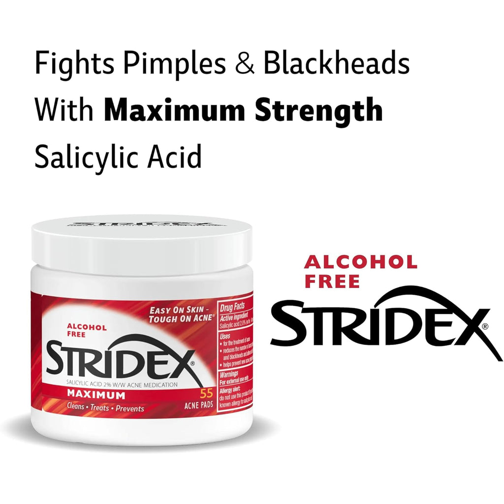 Stridex Medicated Acne Pads, Maximum, 55 Count – Facial Cleansing Wipes, Alcohol Free, Acne Treatment for Face, For Moderate Acne, Smooth Application