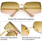 Dollger Rimless Y2K Wrap Around Sunglasses for Women Trendy Frameless Shield Rectangle Designer Frame Uv400 Protection Shades C2:gradient Brown