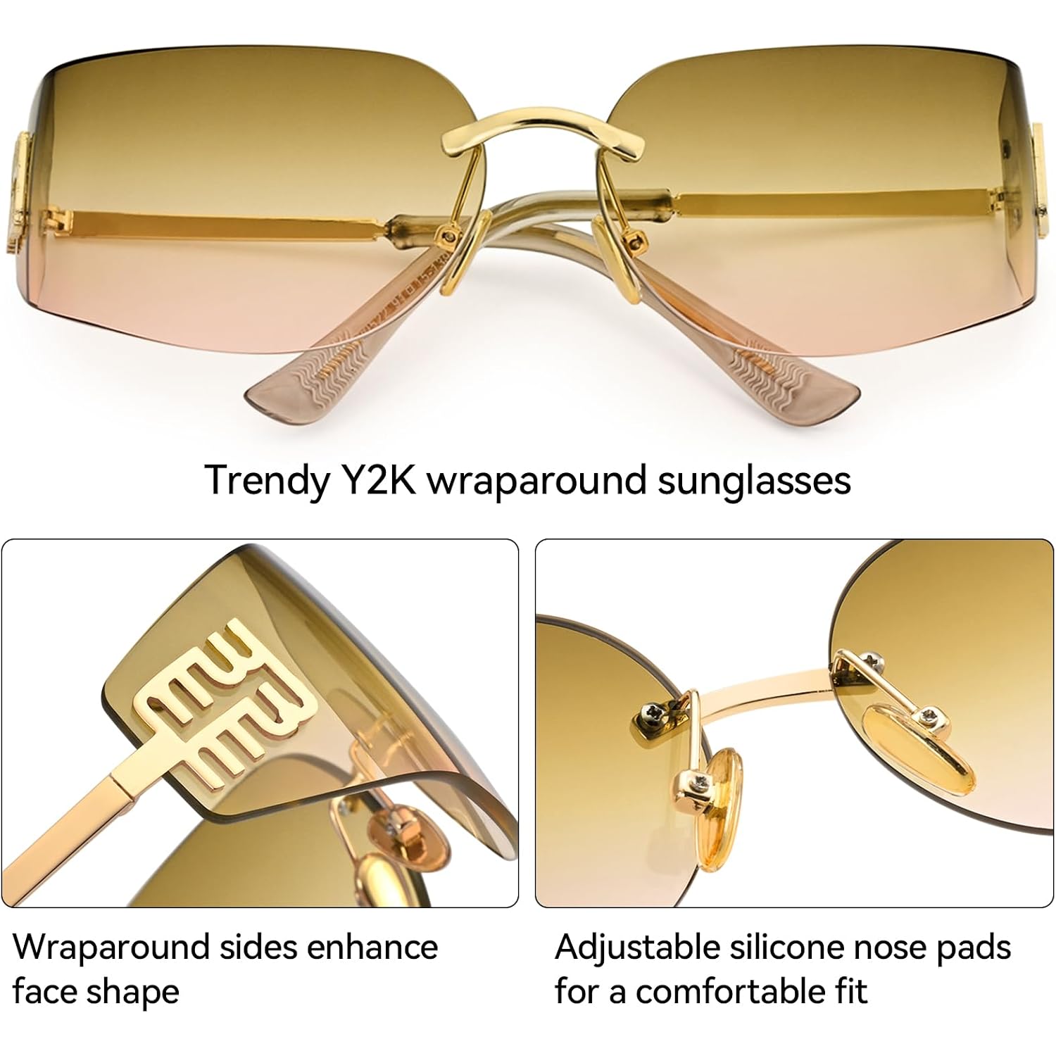 Dollger Rimless Y2K Wrap Around Sunglasses for Women Trendy Frameless Shield Rectangle Designer Frame Uv400 Protection Shades C2:gradient Brown