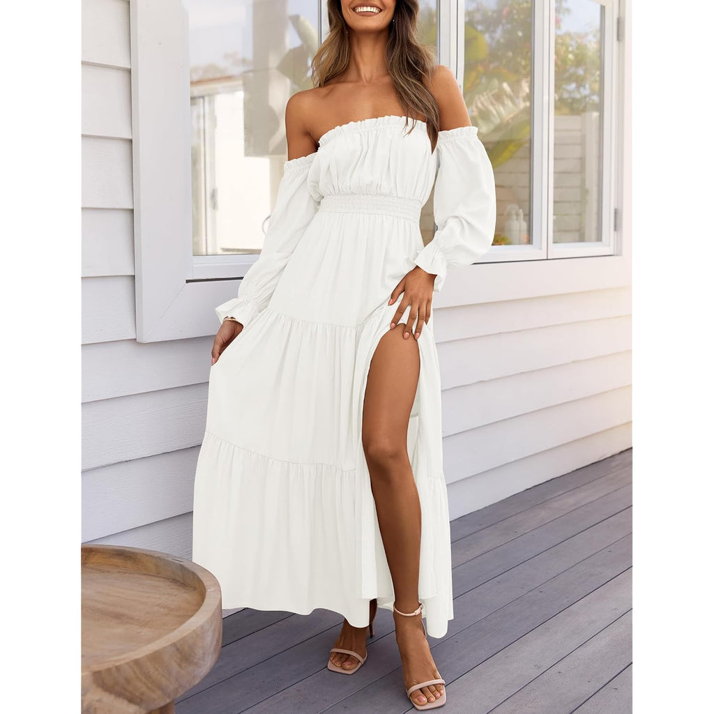Zesica Women'S Boho Off Shoulder Wedding Guest Dress 2026 Spring Summer Side Split Flowy A Line Long Maxi Dresses
