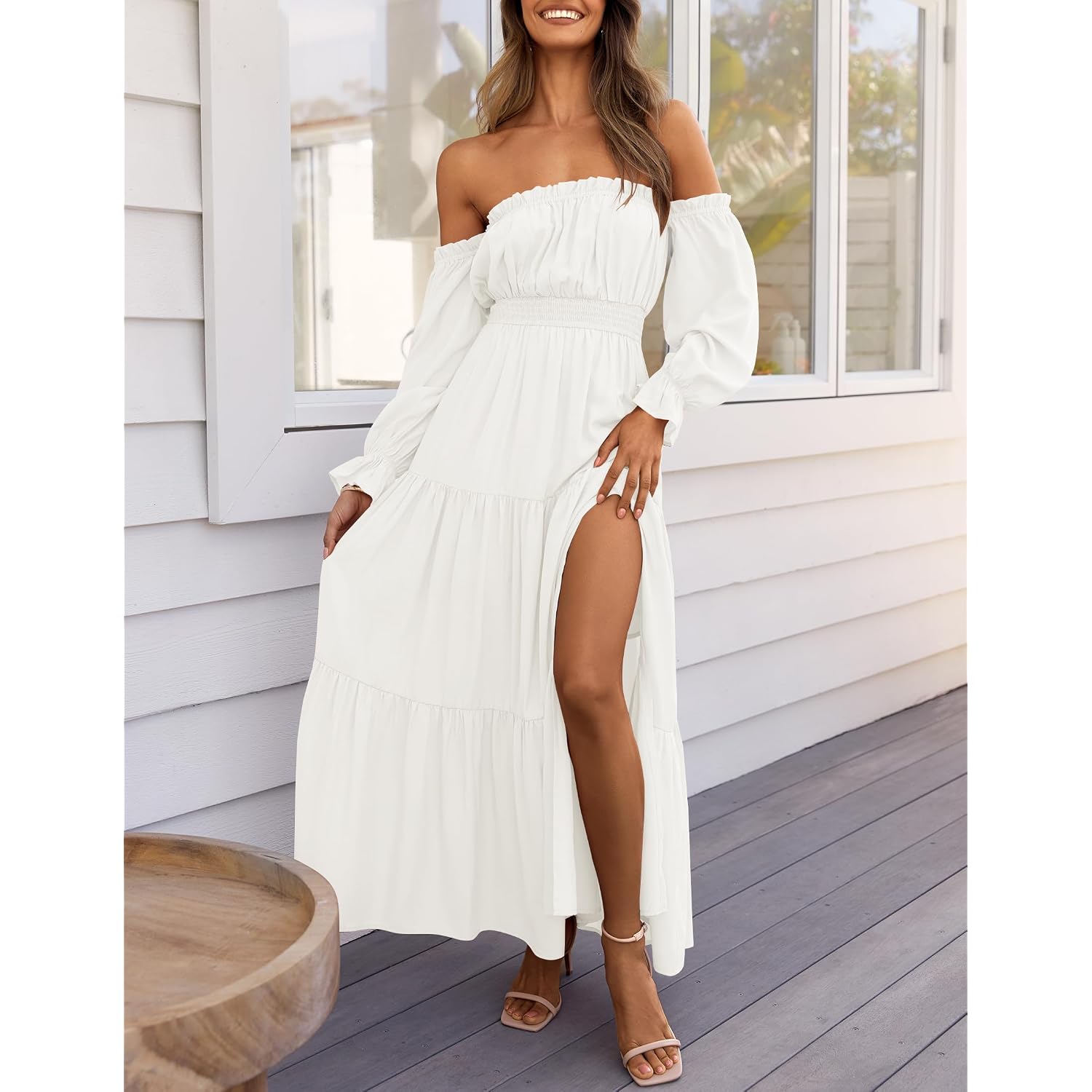 Zesica Women'S Boho Off Shoulder Wedding Guest Dress 2026 Spring Summer Side Split Flowy A Line Long Maxi Dresses