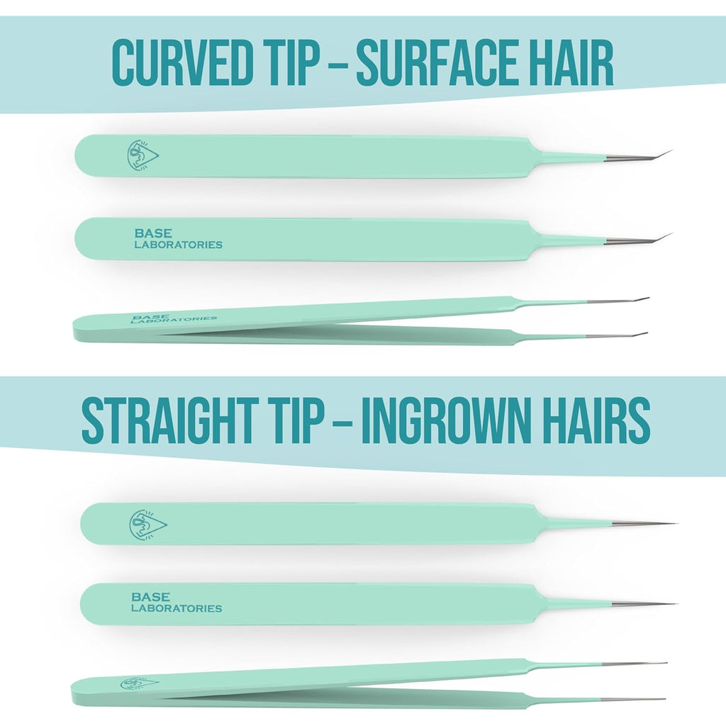 Base Labs Ingrown Hair Tweezers Set – 2 Pack Precision Tweezers for Ingrown Hair Removal, Curved & Pointed Tip Stainless Steel Tweezers with Protective Case for Razor Bumps, Splinters & Facial Hair