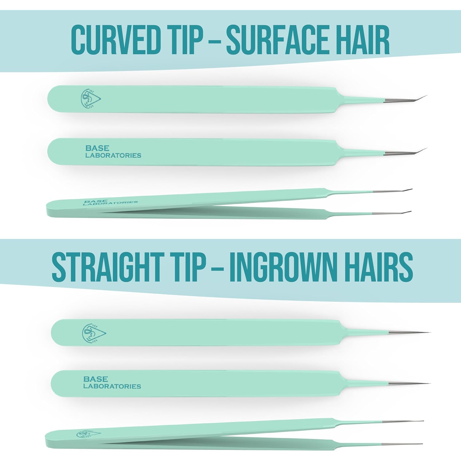 Base Labs Ingrown Hair Tweezers Set – 2 Pack Precision Tweezers for Ingrown Hair Removal, Curved & Pointed Tip Stainless Steel Tweezers with Protective Case for Razor Bumps, Splinters & Facial Hair