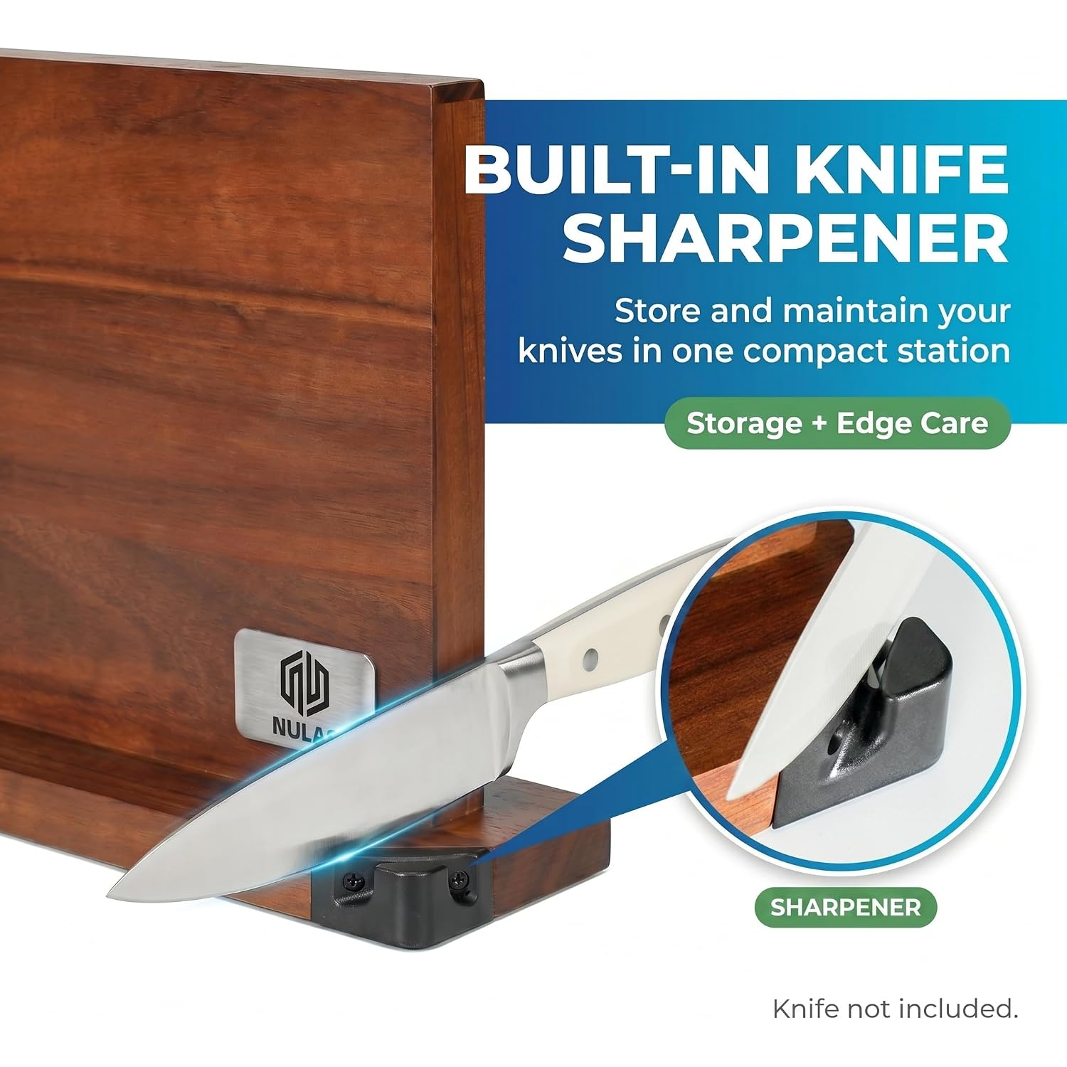 Magnetic Knife Block With Built-In Sharpener, Double-Sided Countertop Magnetic Knife Holder, Holds Up To 12 Knives & Metal Kitchen Tools, Brown