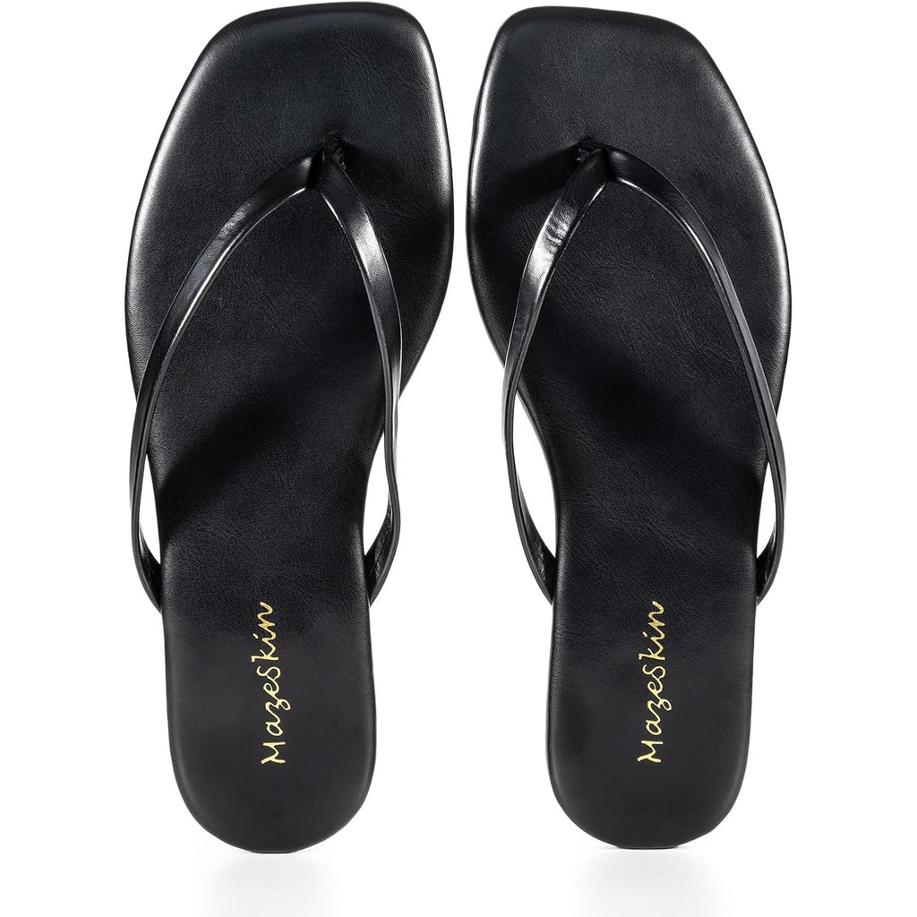 Mazeskin Womens Flip Flops Vegan Leather Memory Foam Square Toe Flat Sandals Summer Beach Slides