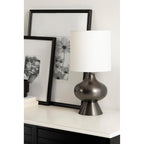 Kate And Laurel Bahira Modern Metal Bedside Table Lamp, 8 X 8 X 17, Gunmetal, Sculptural Decorative Tabletop Desk Lamp With Linen Shade For Living Room Decor