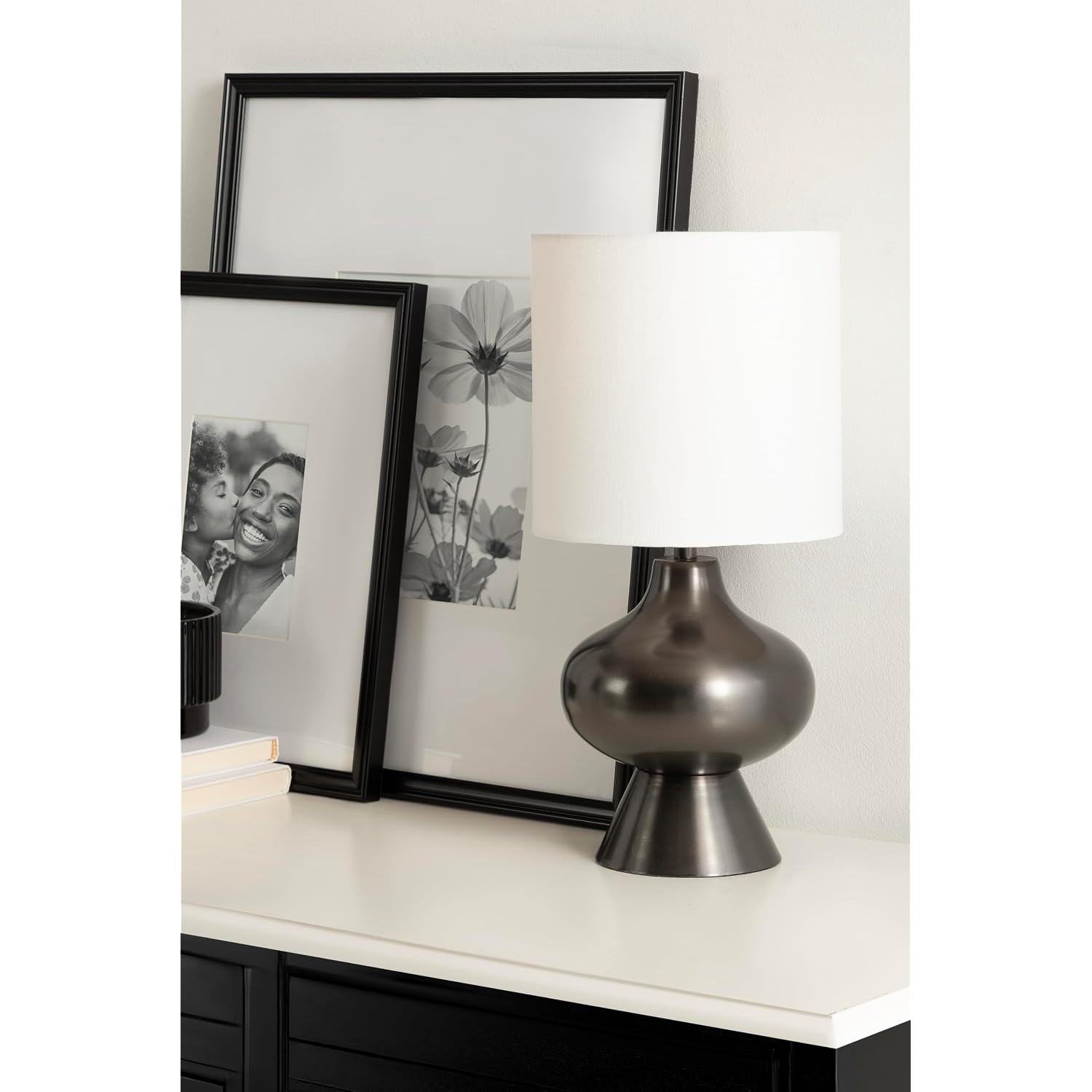 Kate And Laurel Bahira Modern Metal Bedside Table Lamp, 8 X 8 X 17, Gunmetal, Sculptural Decorative Tabletop Desk Lamp With Linen Shade For Living Room Decor