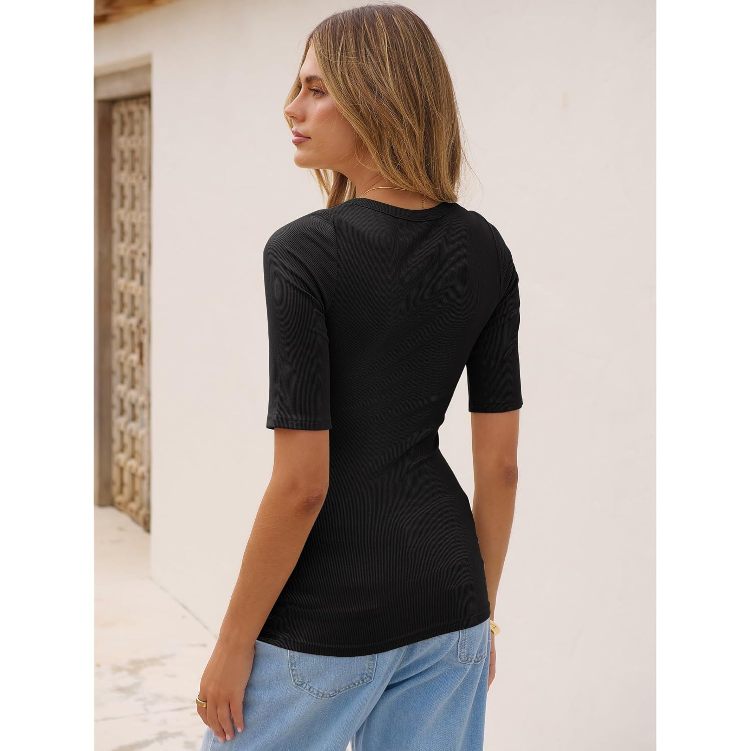 ANRABESS Womens Half Sleeve Tops V Neck Ribbed Knit Slim Fit Basic T Shirts 2026 Summer Casual Tees Spring Trendy Clothes