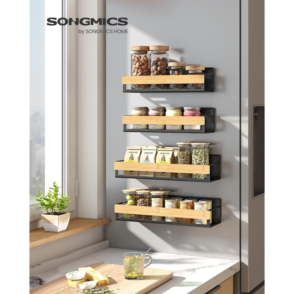 Songmics 4-Pack Strong Magnetic Real Bamboo Spice Racks For Fridge | Kitchen Magnetic Shelves For Washing Machine, Spice Organizers, No Drilling Needed, Ink Black Ukcs062Bh01