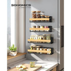 Songmics 4-Pack Strong Magnetic Real Bamboo Spice Racks For Fridge | Kitchen Magnetic Shelves For Washing Machine, Spice Organizers, No Drilling Needed, Ink Black Ukcs062Bh01