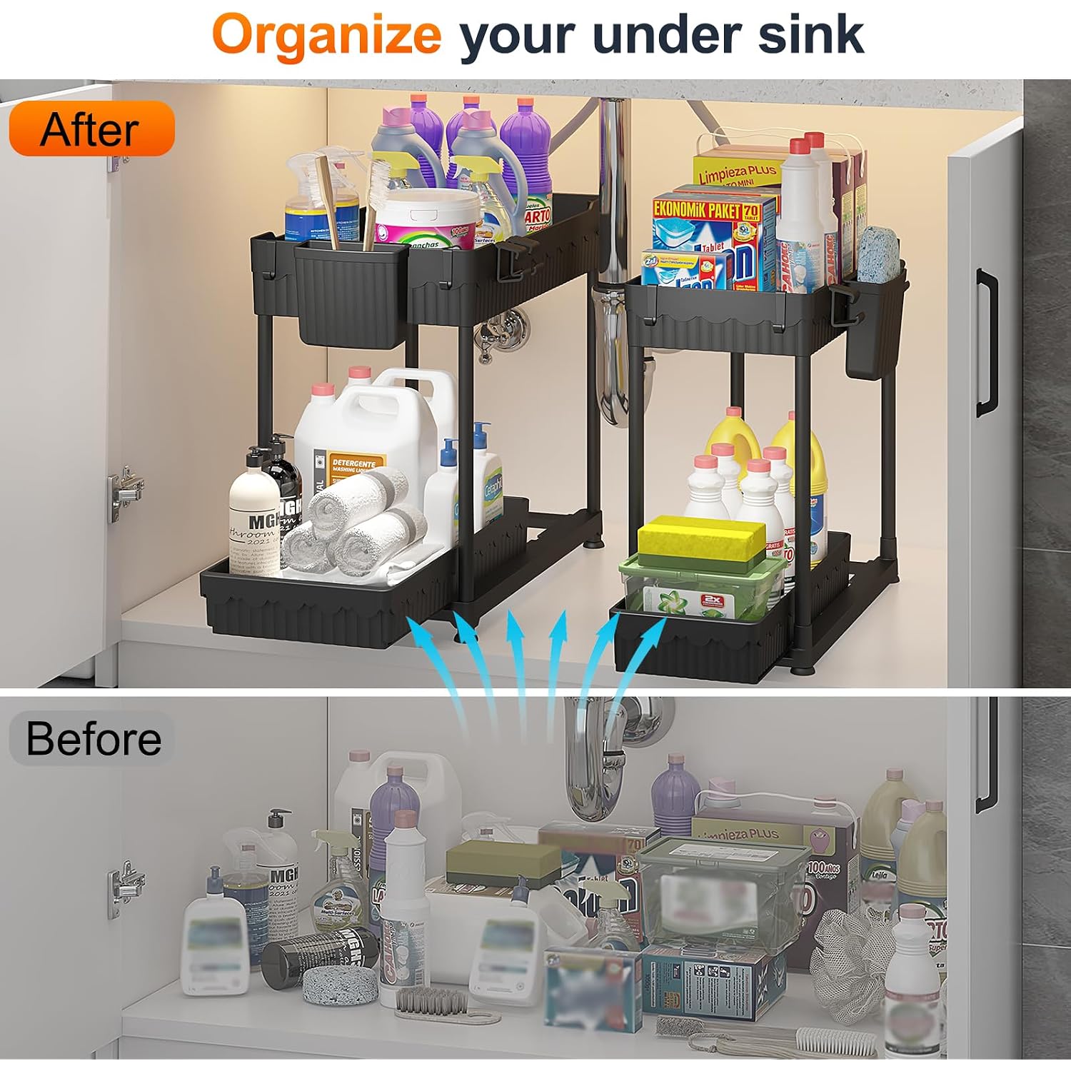4-Pack 2-Tier Under Sink Organizer With Pull Out Drawers | Multi-Use Kitchen & Bathroom Storage. Includes Hanging Hooks And Cups. Black, Space-Saving Cabinet Design.