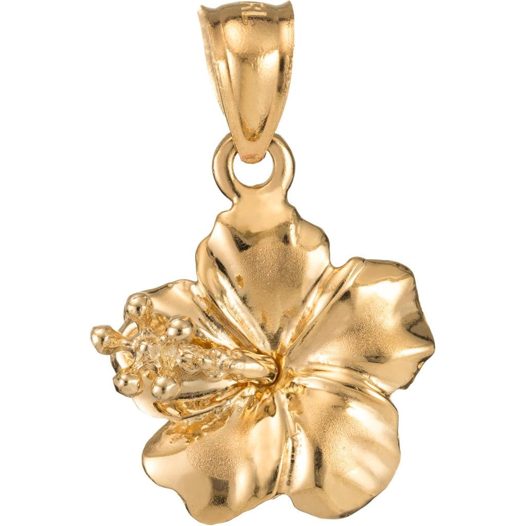 14K Solid Yellow Gold Hawaiian Hibiscus Flower Pendant Charm, For Mom Daughter Girlfriend, Nickle Free Hypoallergenic for Sensitive Skin, Gift Box Included