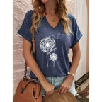 Women'S Floral T-Shirts V-Neck Dandelion Sun Flower Graphic Casual Tee Boho Tops Cute Wildflowers Shirts
