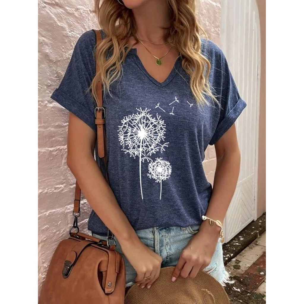 Women's Floral T-Shirts V-Neck Dandelion Sun Flower Graphic Casual Tee Boho Tops Cute Wildflowers Shirts
