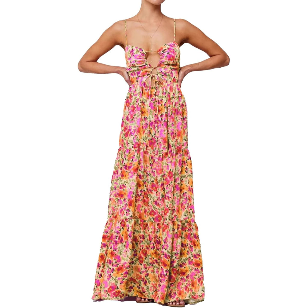 Abyovrt Women Floral Maxi Dress Tie Front Cut Out Backless Boho Spaghetti Strap Summer Beach Sundress