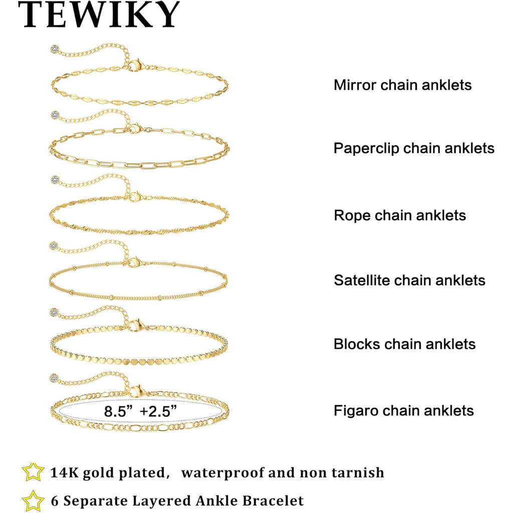 Tewiky Waterproof Ankle Bracelets for Women, 14K Real Gold Plated Anklets for Women 6PCS Anklet Set Dainty Summer Beach Jewelry