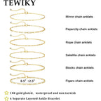 Tewiky Waterproof Ankle Bracelets for Women, 14K Real Gold Plated Anklets for Women 6PCS Anklet Set Dainty Summer Beach Jewelry