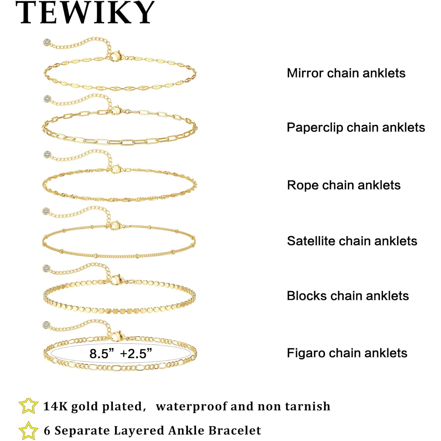 Tewiky Waterproof Ankle Bracelets for Women, 14K Real Gold Plated Anklets for Women 6PCS Anklet Set Dainty Summer Beach Jewelry