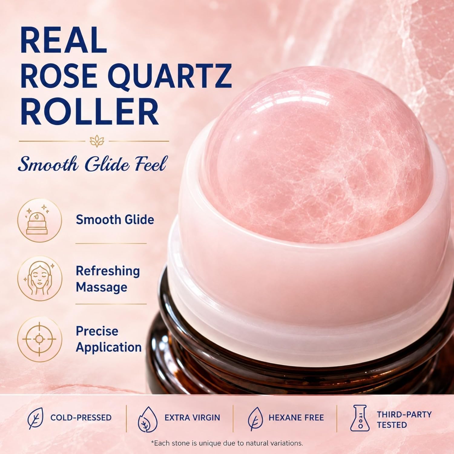Organic Castor Oil Roll On With Rose Quartz Roller, 100% Organic Cold Pressed Castor Moisturizing Oil For Face And Body, Neck, Moisturize Skin 50Ml / 1.7 Fl Oz
