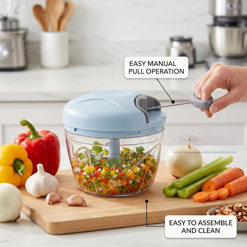 Manual Food Processor, Hand Pull Vegetable And Herb Chopper, Easy Use Bpa Free Manual Cutter For Quick Prep For Ginger Fruits Garlic Nuts Onion, Blue