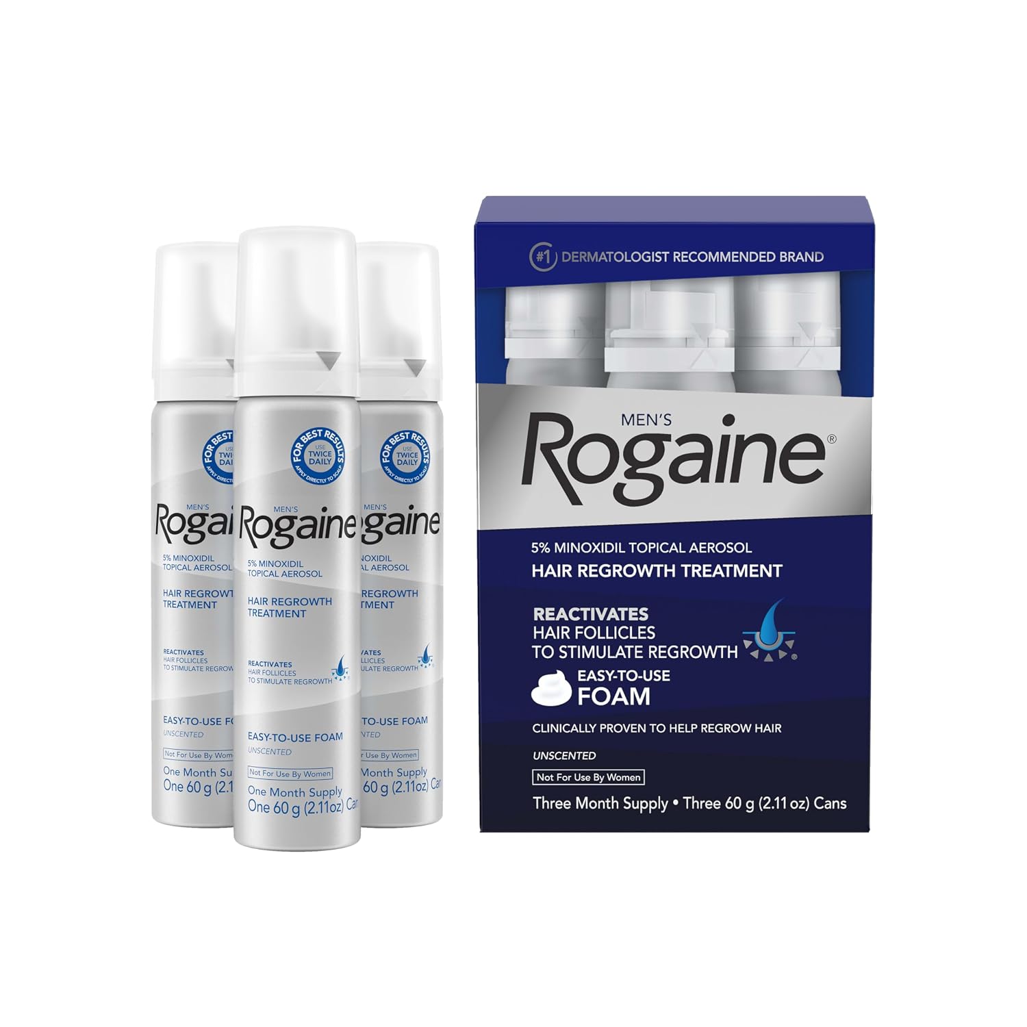 Men'S Rogaine 5% Minoxidil Topical Foam, Unscented, 3 Mo Supply, 3X 2.11 Oz