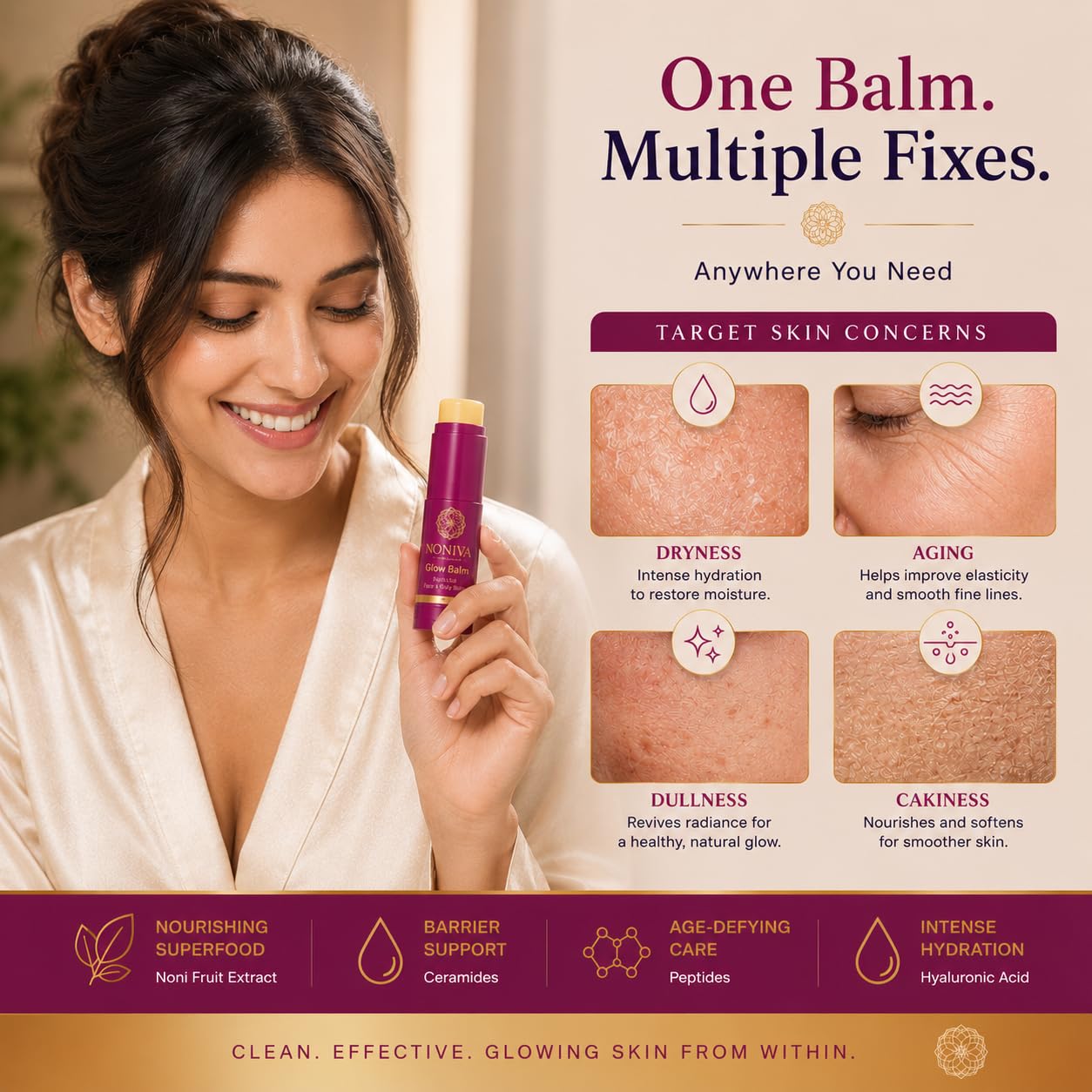 Noniva Noni Glow Balm Stick | Hydrating Face Balm For Dry Skin | Face, Lips, Neck & Under Eyes | Noni, Ceramides, Peptides, Hyaluronic Acid & Niacinamide
